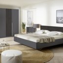 Slaapkamer metallic grijs met zwart houtlook lamellen