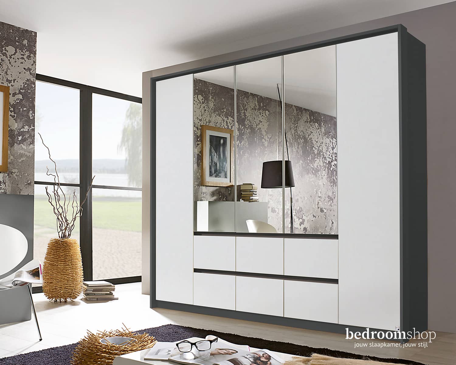 5 deurs spiegelkast met laden - metallic grijs - wit 5 deurs spiegelkast met laden - metallic grijs - wit