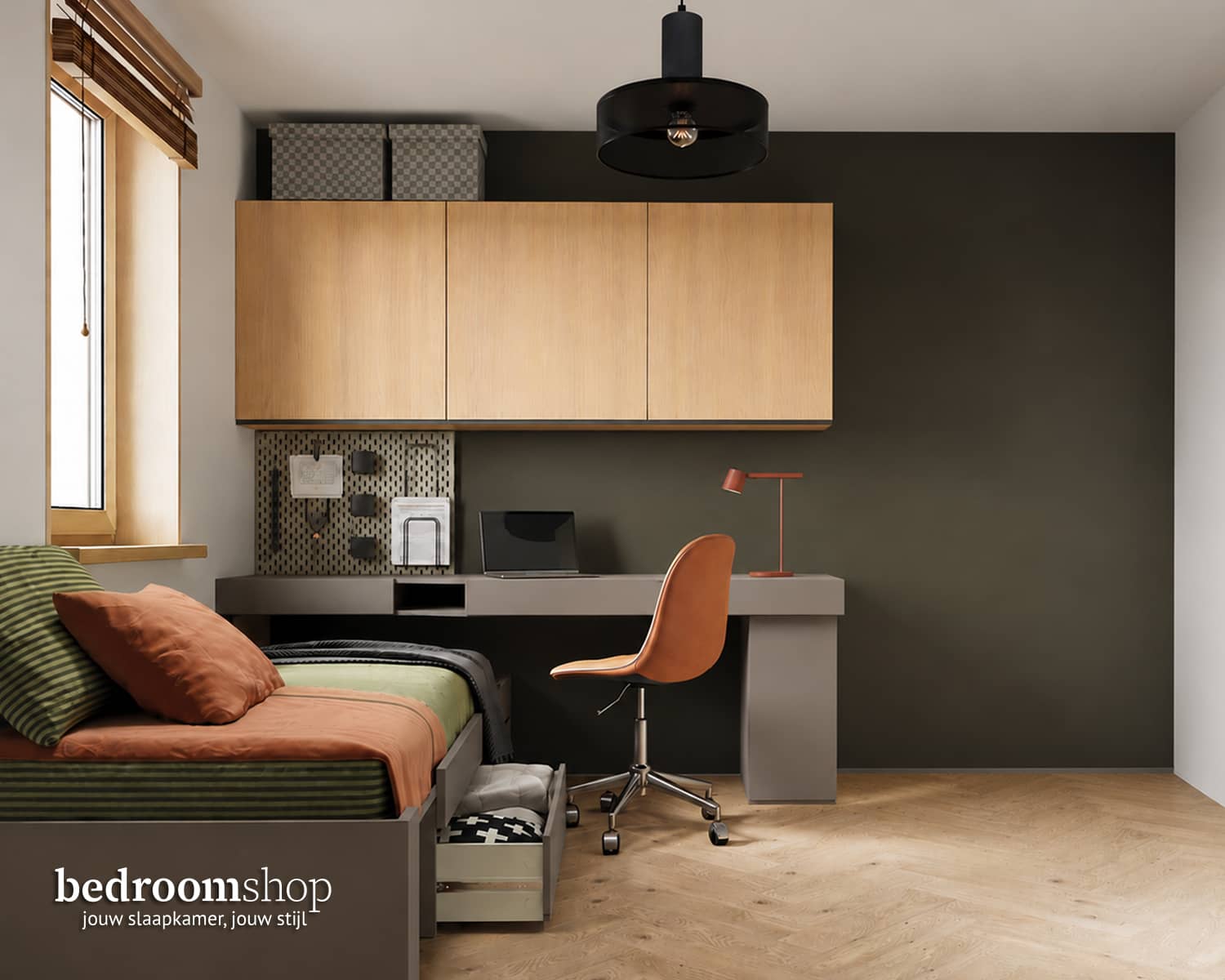 Smart studykamer met bed - bureau en bovenbouw Smart studykamer met bed - bureau en bovenbouw