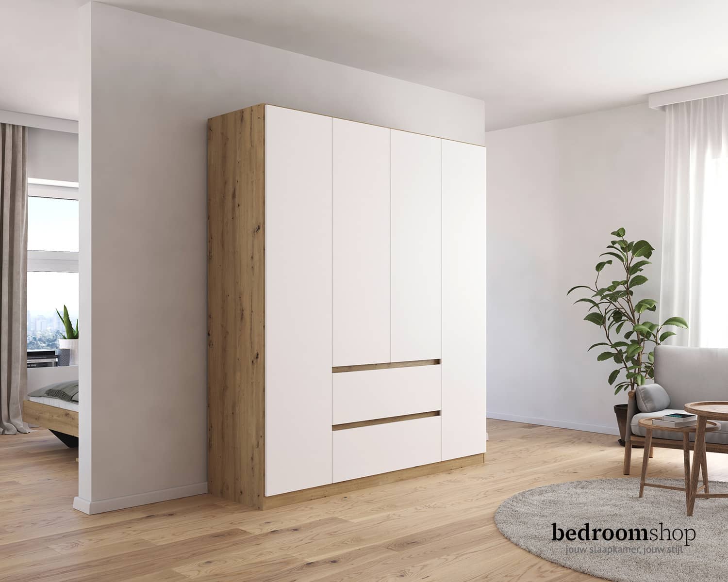 Kledingkast wit met houtlook 4 deuren Kledingkast wit met houtlook 4 deuren