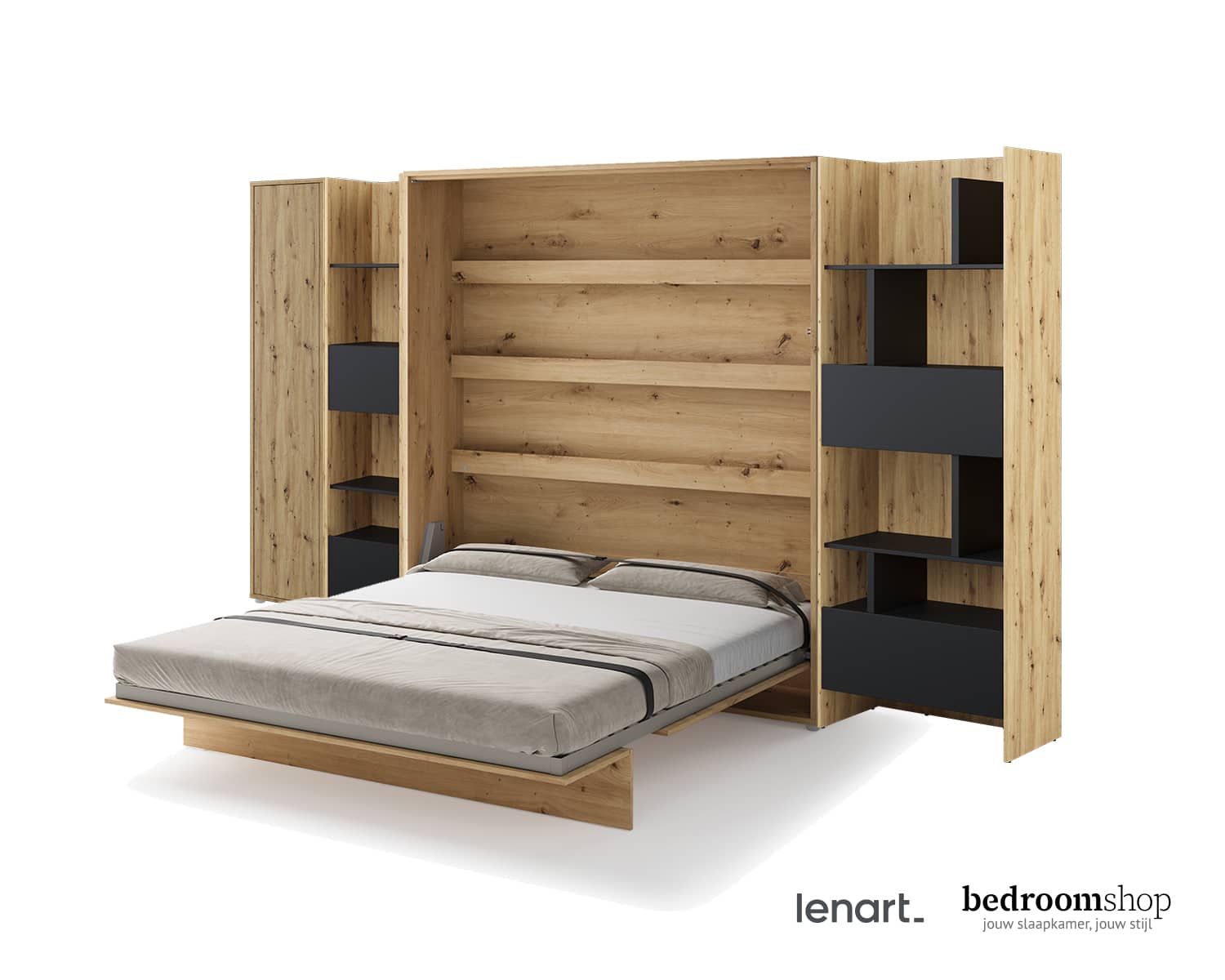 Opklapbed houtlook bedkasten