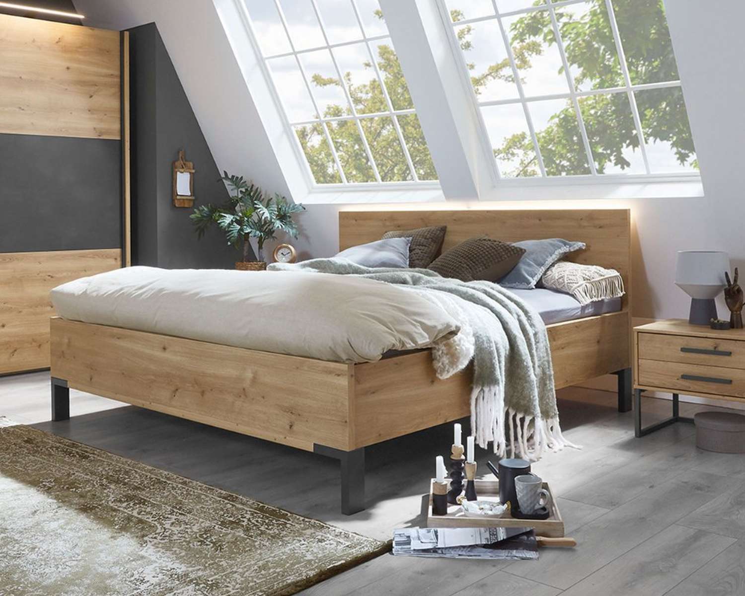 Tweepersoonsbed Salerno bianco eiken hoofdbord Tweepersoonsbed Salerno bianco eiken hoofdbord