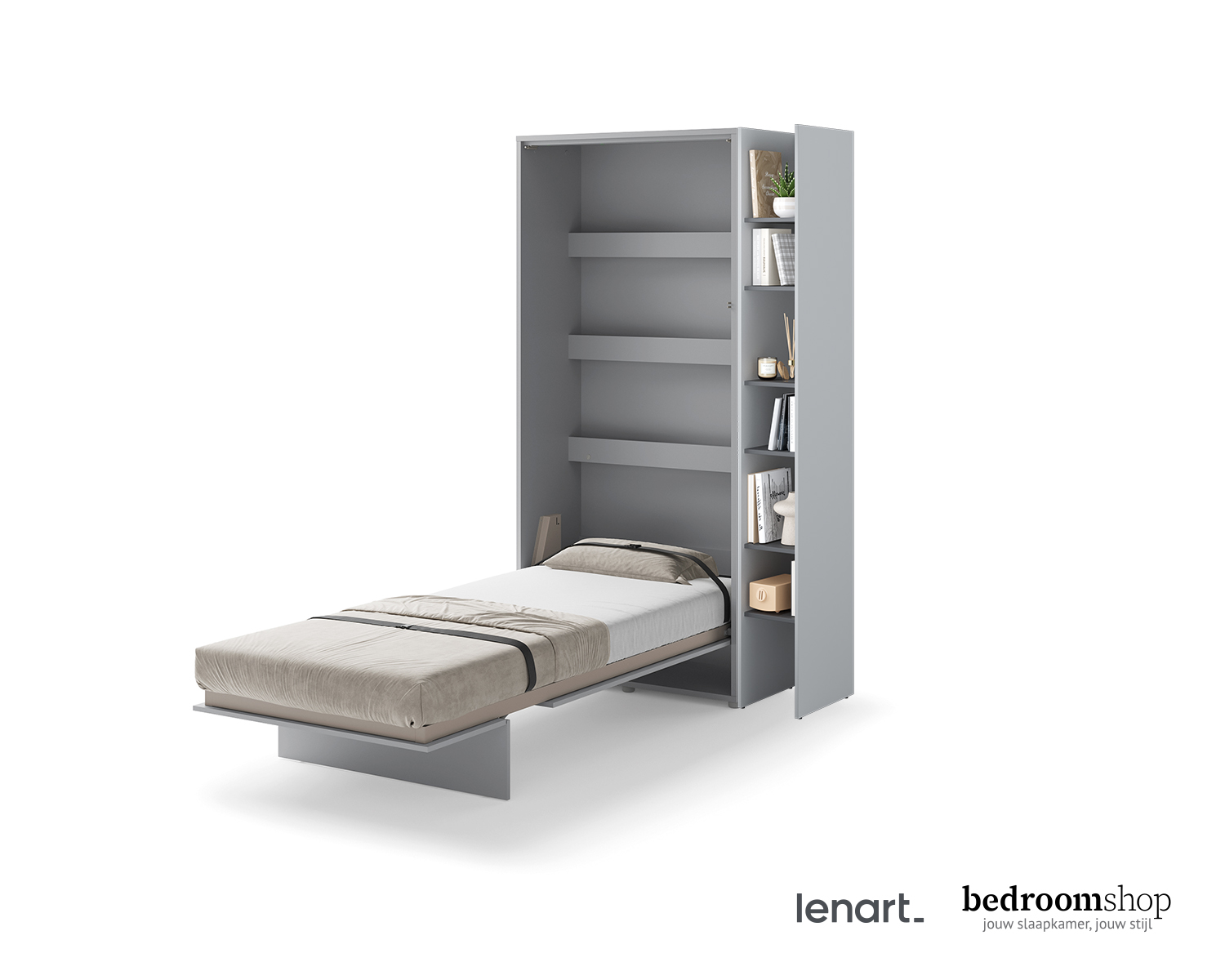 Opklapbed grijs met boekenkast
