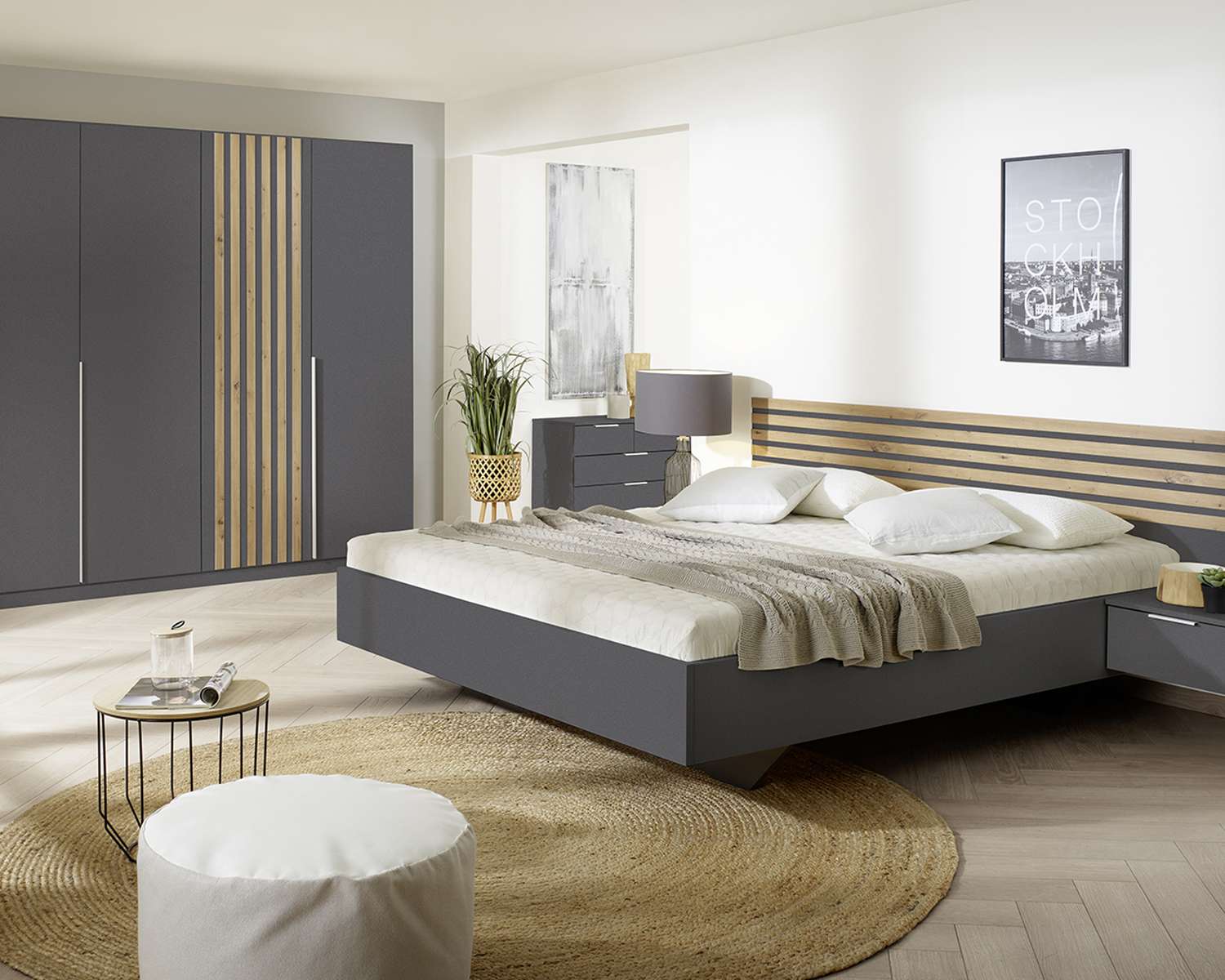 Slaapkamer metallic grijs met artisan eiken lamellen Slaapkamer metallic grijs met artisan eiken lamellen