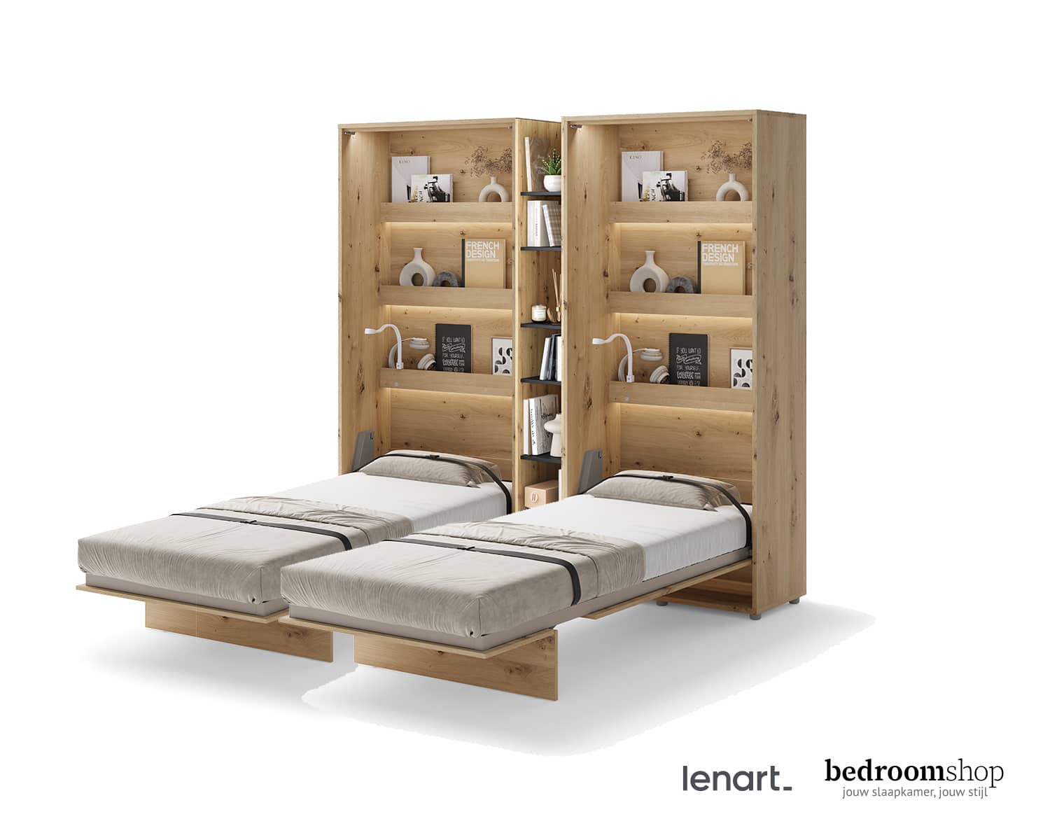 90x200 bedden met smalle boekenkast