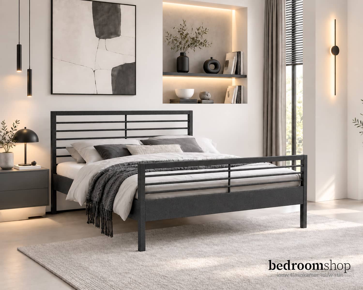 Tweepersoons metalen bed zwart (structuur)