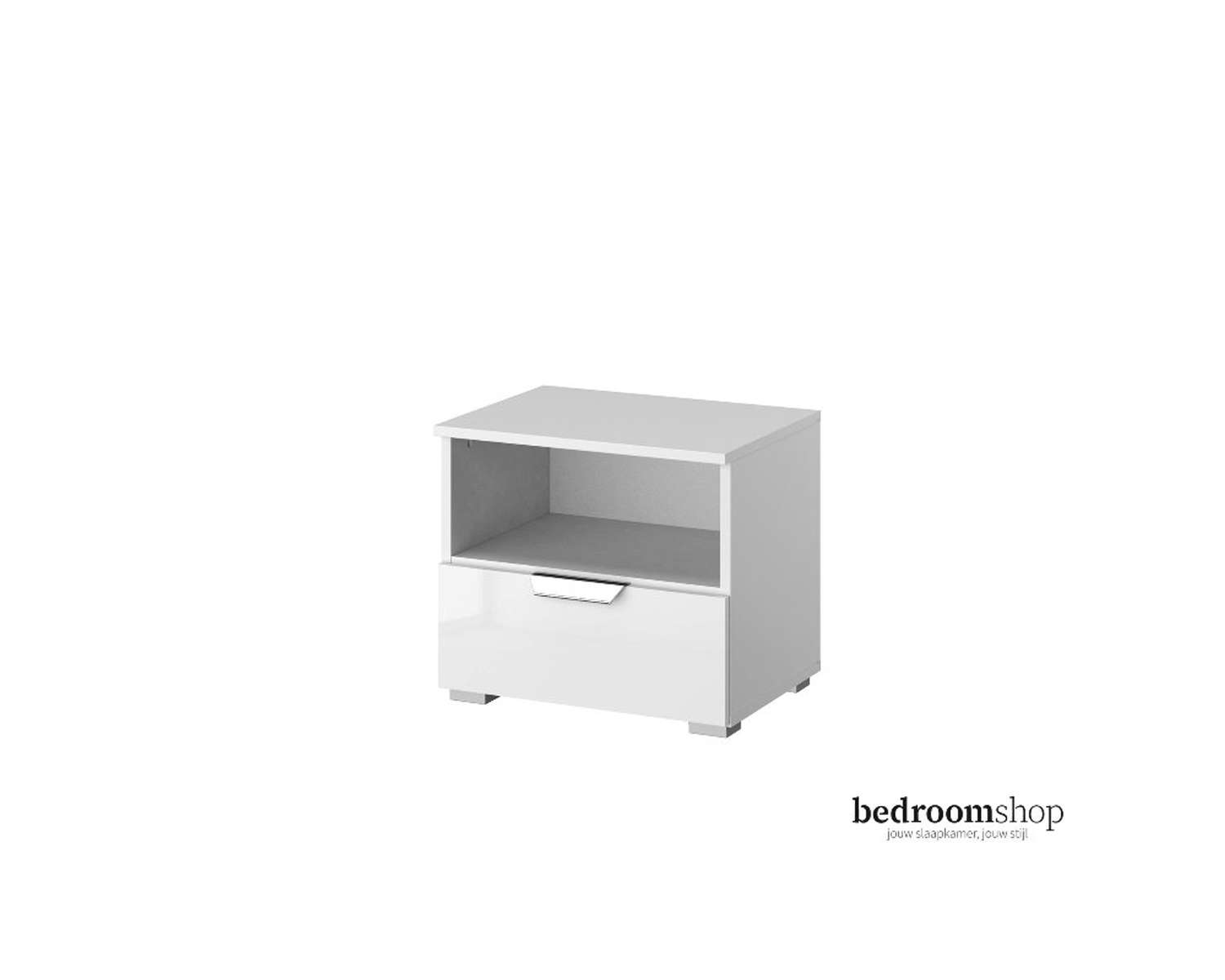 Wit nachtkastje hoogglans met lade en nis Wit nachtkastje hoogglans met lade en nis