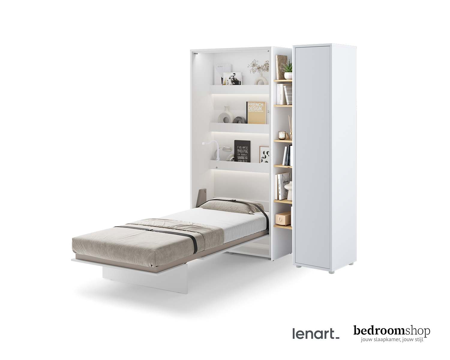 Opklapbed wit 90 cm met kast