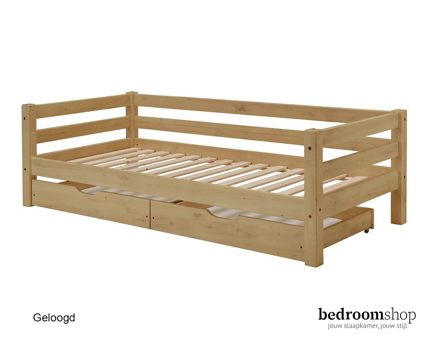 Kinderbed hout met twee lades en uitvalbeveiligin (achter) Kinderbed hout met twee lades en uitvalbeveiligin (achter)