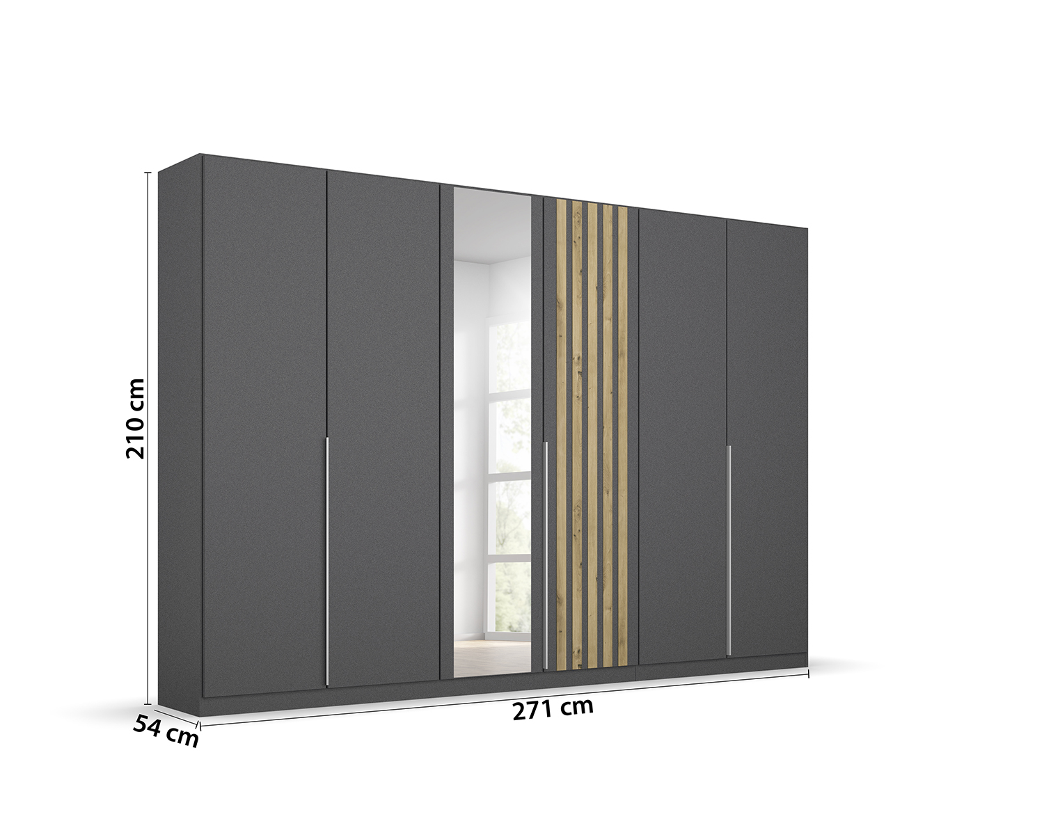 Kledingkast met 6 deuren 270cm breed metallic grijs met hout kleurige lamellen Kledingkast met 6 deuren 270cm breed metallic grijs met hout kleurige lamellen