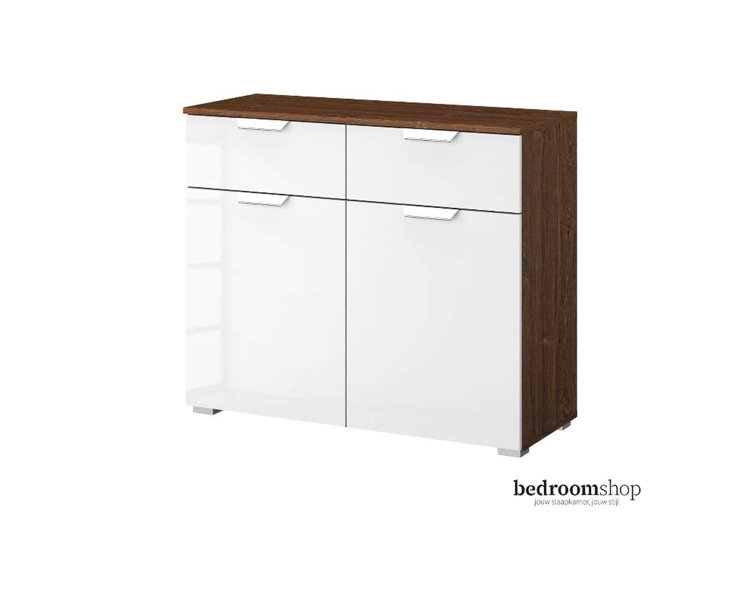 Walnoot commode hoogglans met twee deuren en lades Walnoot commode hoogglans met twee deuren en lades