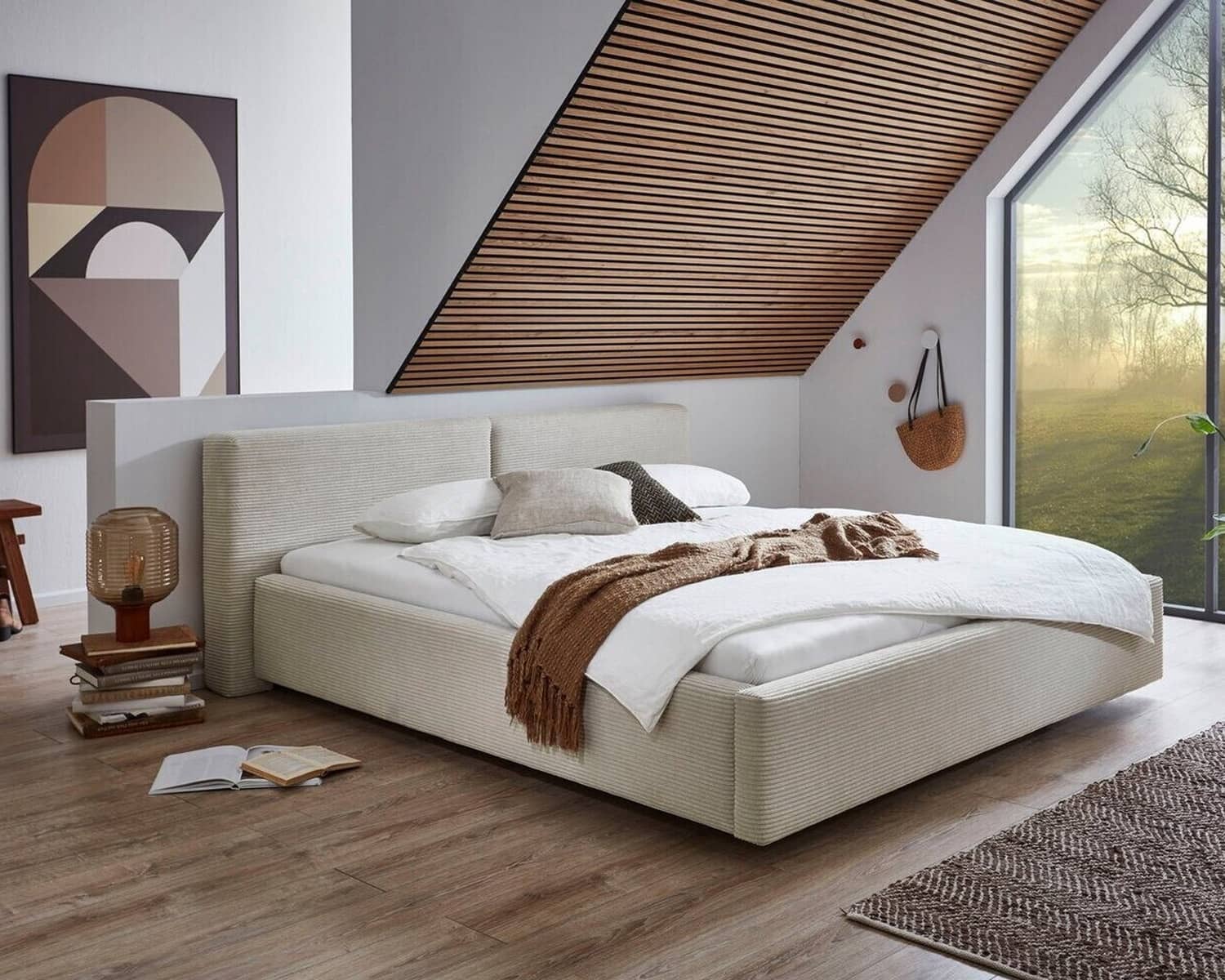 Stoffen bed ribbelstof beige