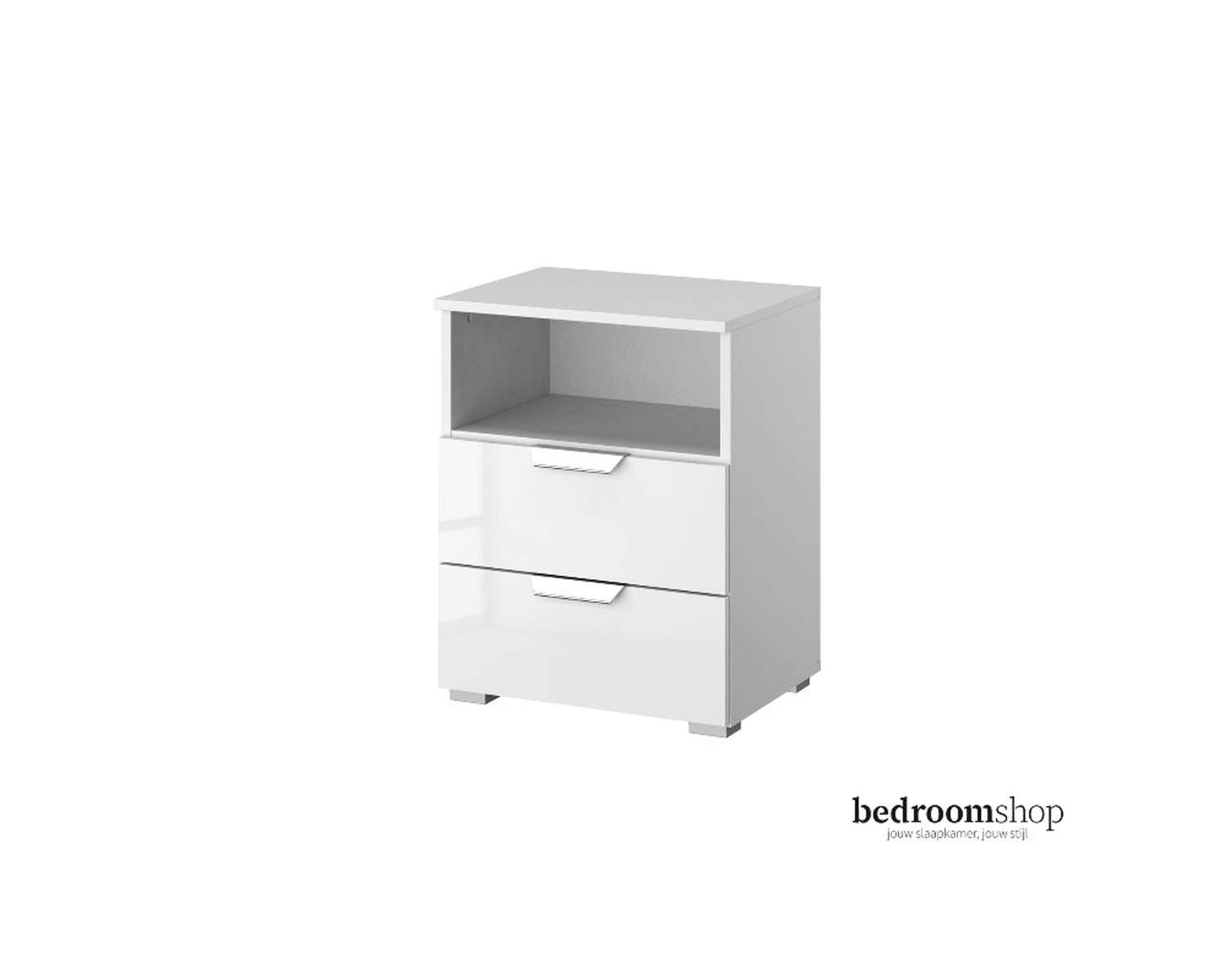 Wit nachtkastje hoogglans met twee lades en nis