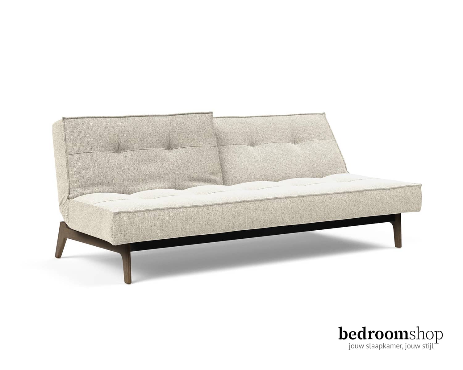 Gebroken wit bedbank met donkere houten poten