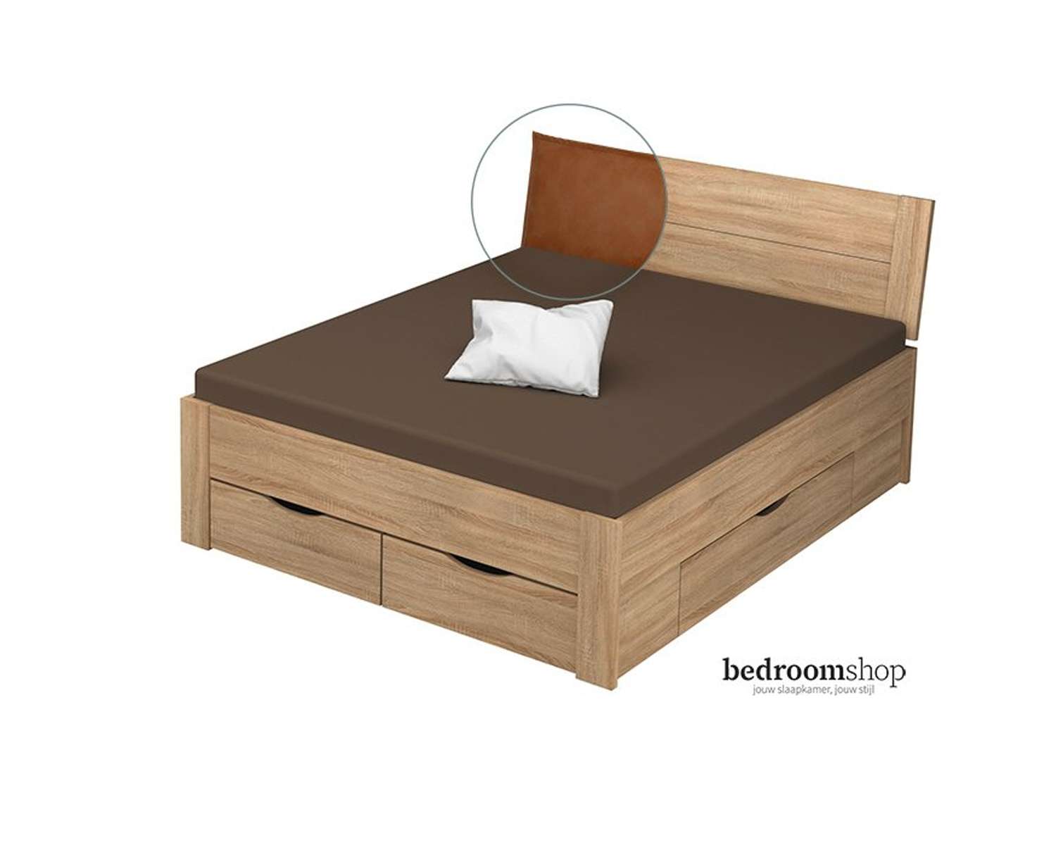 Zand eiken 160x200 met lades lederlook camel Zand eiken 160x200 met lades lederlook camel