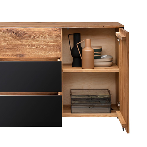 Houten combi-commode met glazen ladefronten