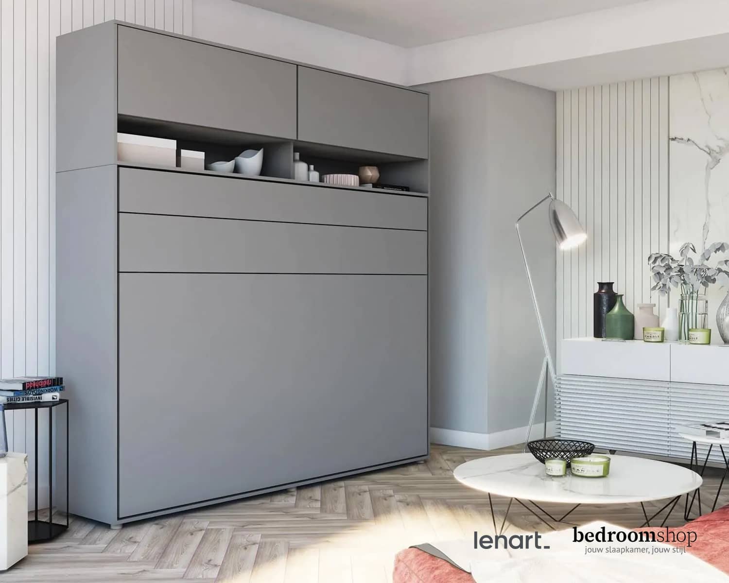 Opklapbed met kastjes grijs