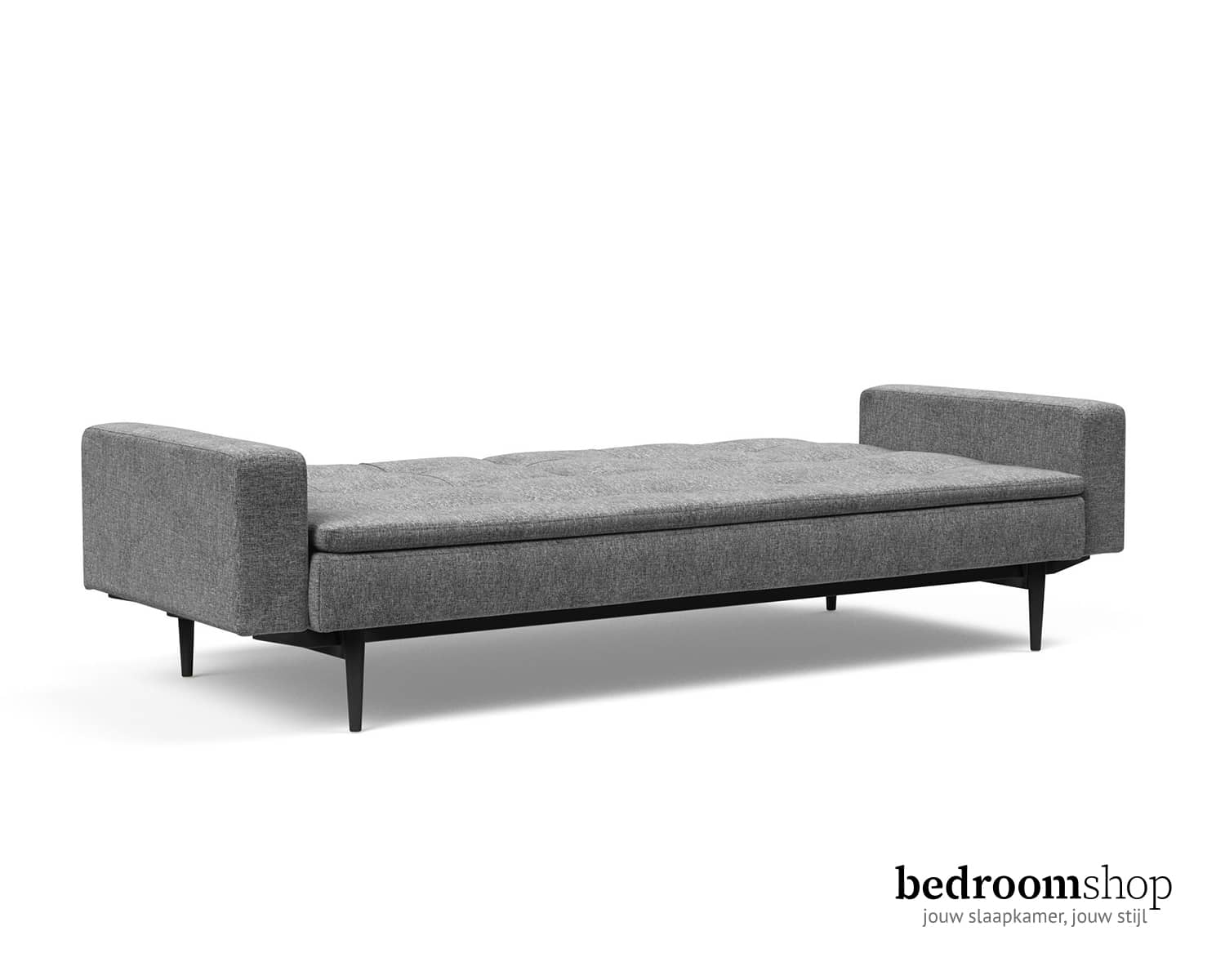 Grijze slaapbank met zwarte poot en leuningen