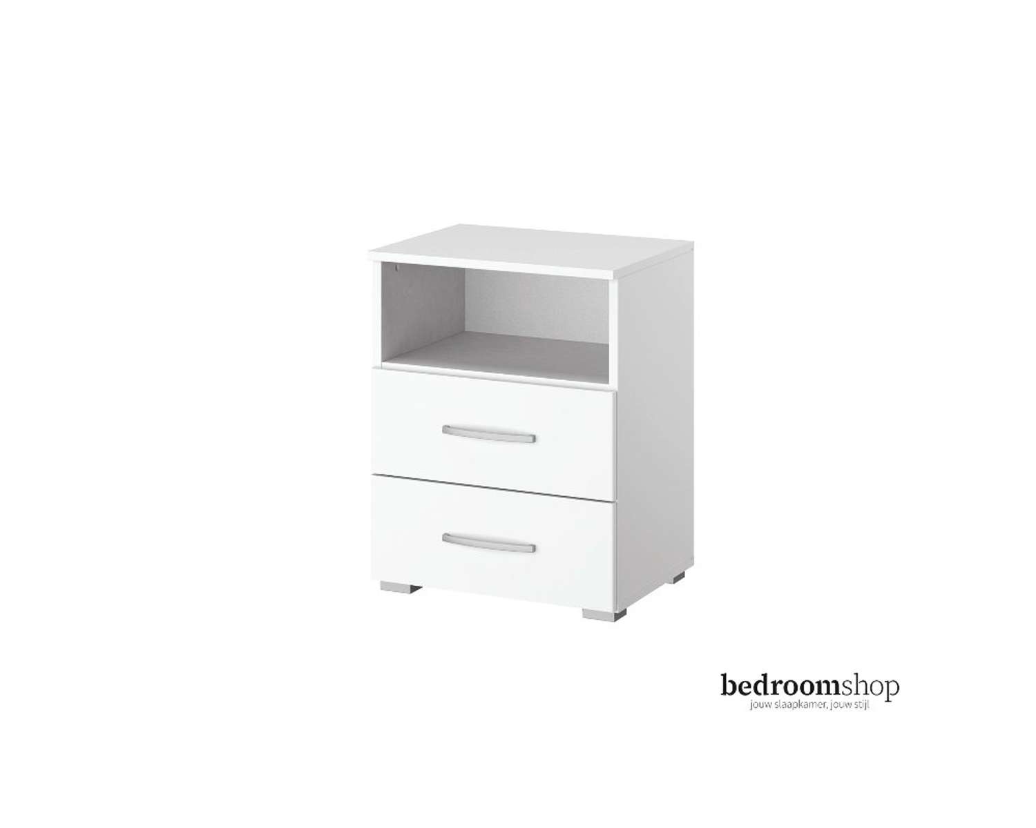 Wit nachtkastje met twee lades en nis