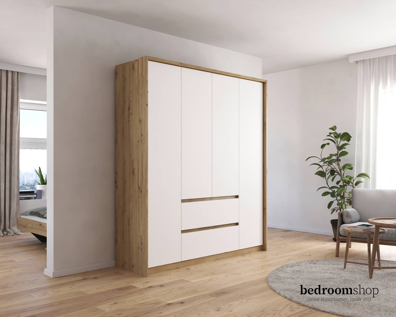 Kledingkast witte deuren en houtlook Kledingkast witte deuren en houtlook