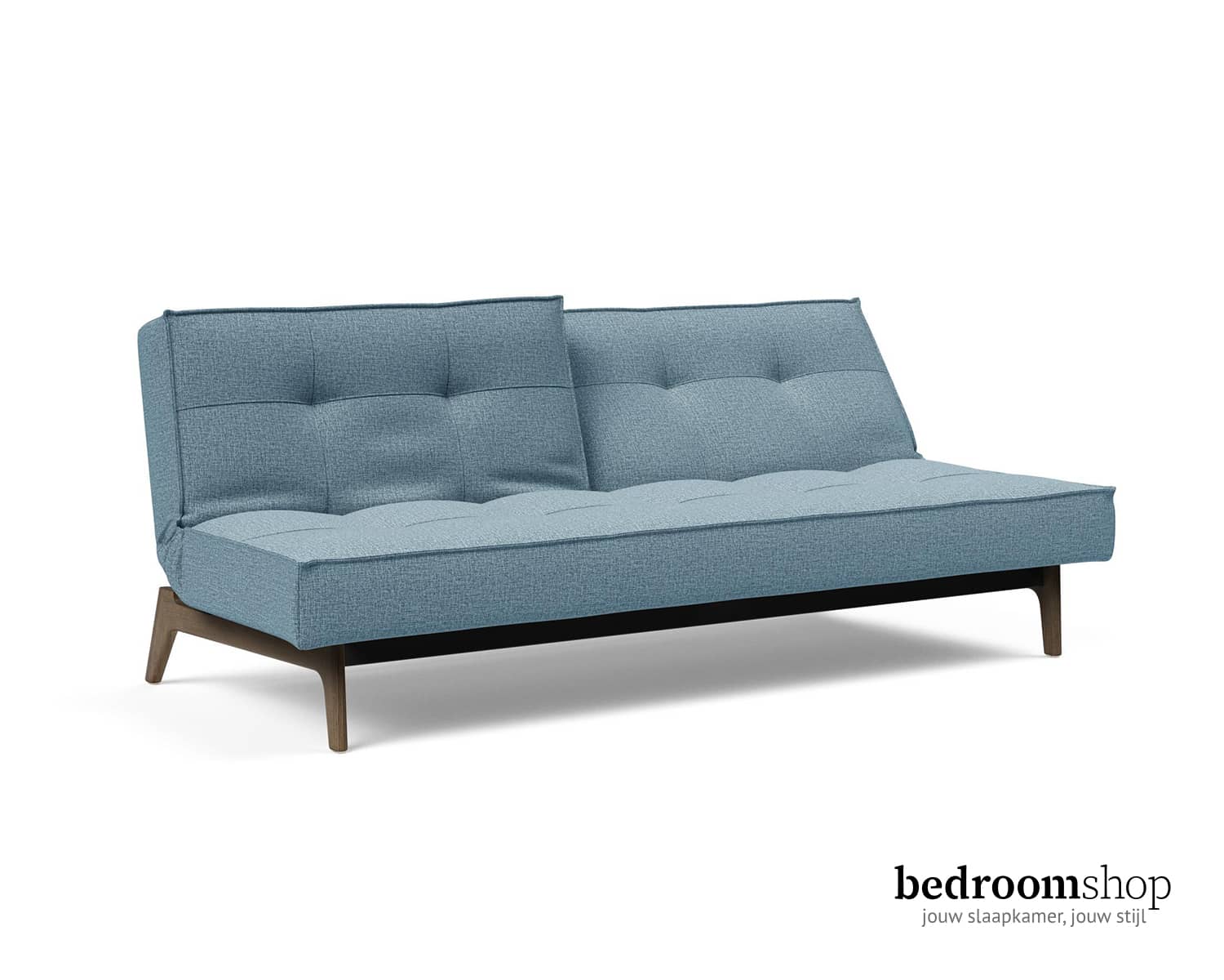 Licht blauwe bedbank met massief houten poot