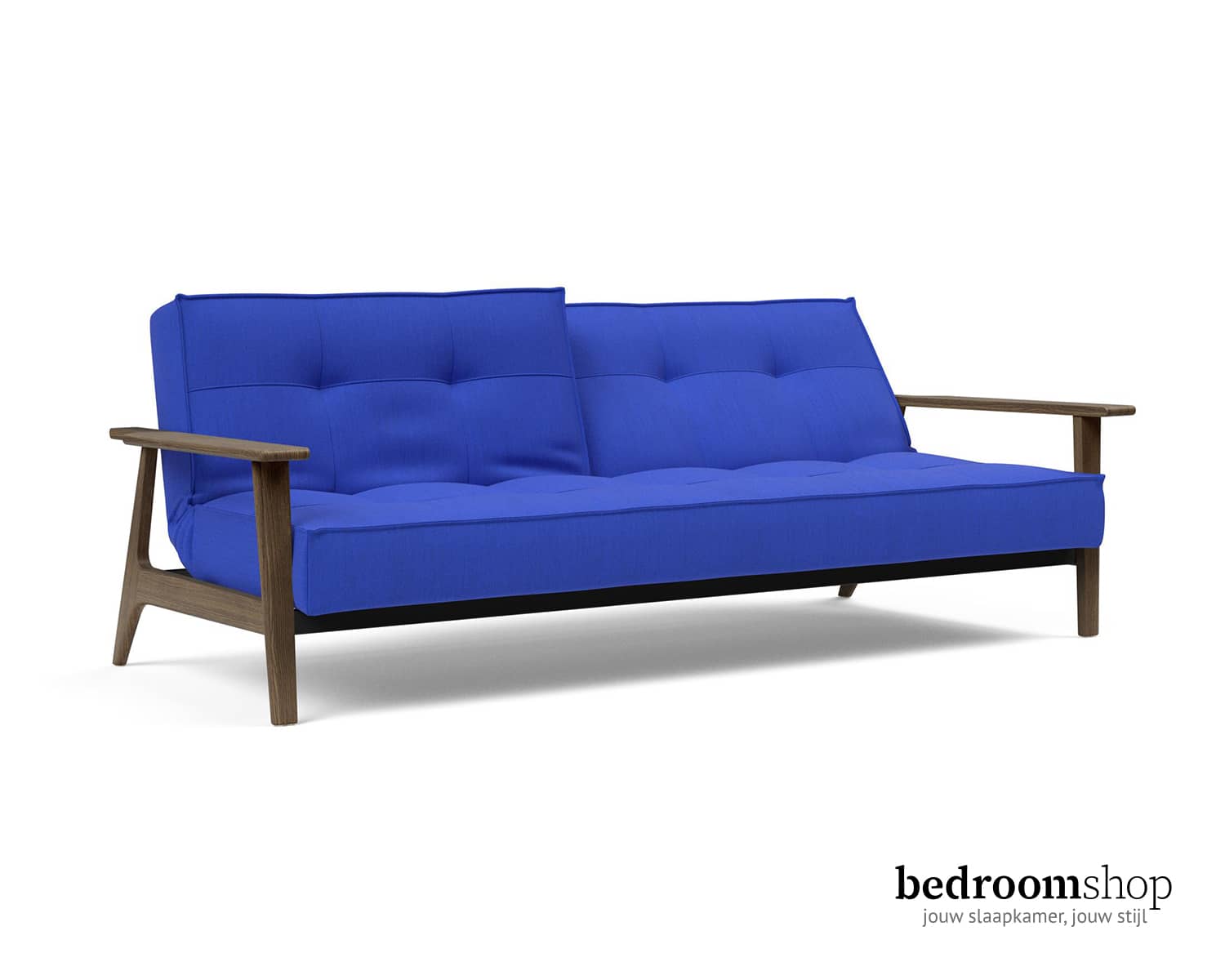 Blauwe bedbank met donkere leuningen