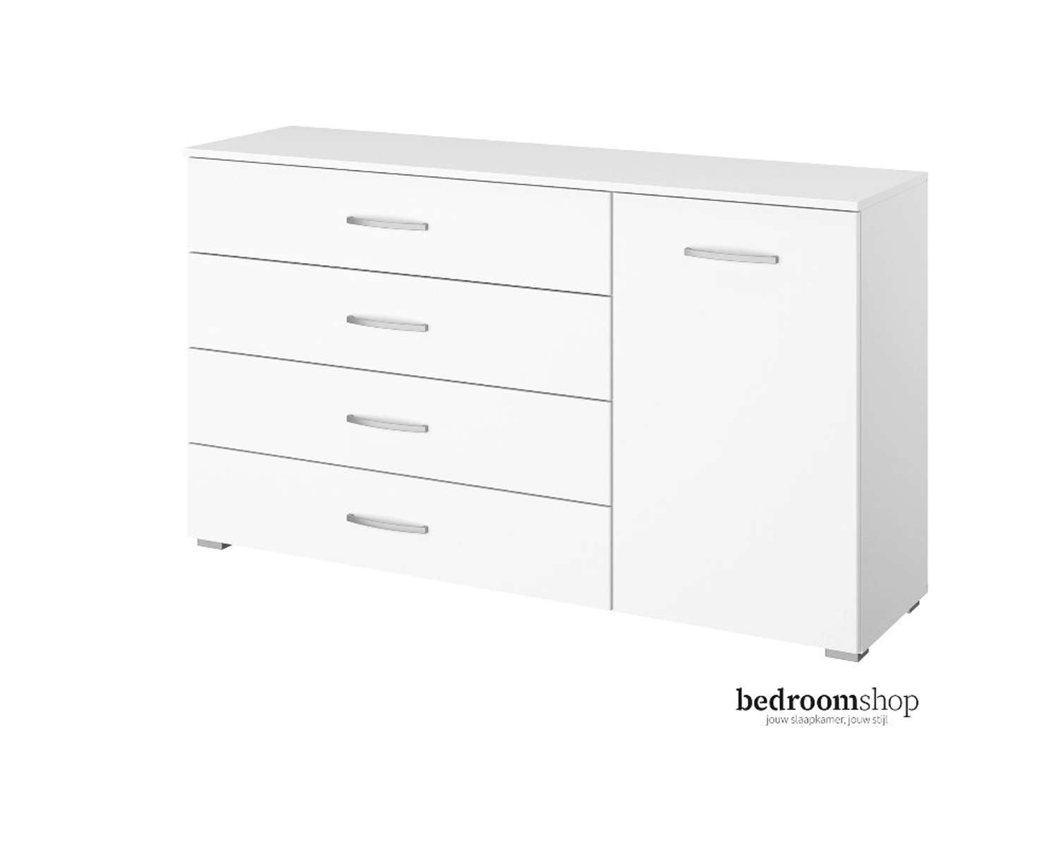 Witte combicommode met vier lades en deur Witte combicommode met vier lades en deur