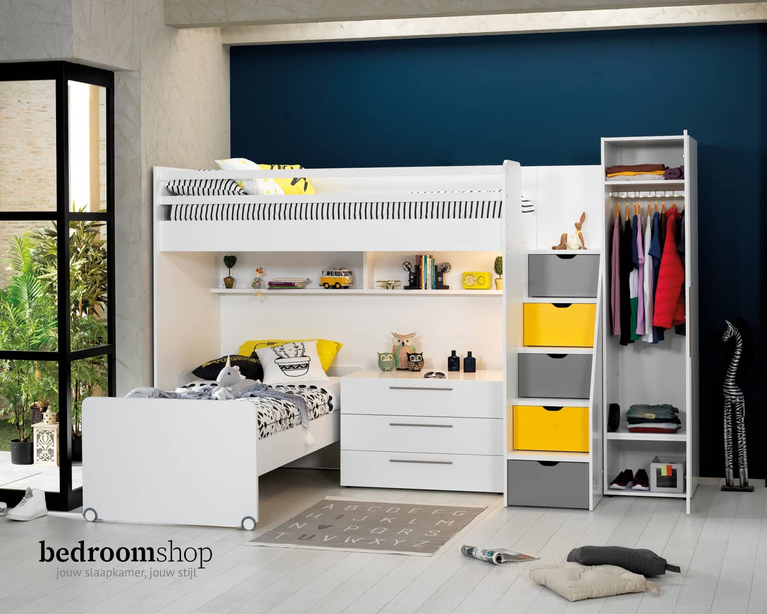 Kinderkamer opstelling grijs, geel, wit Kinderkamer opstelling grijs, geel, wit