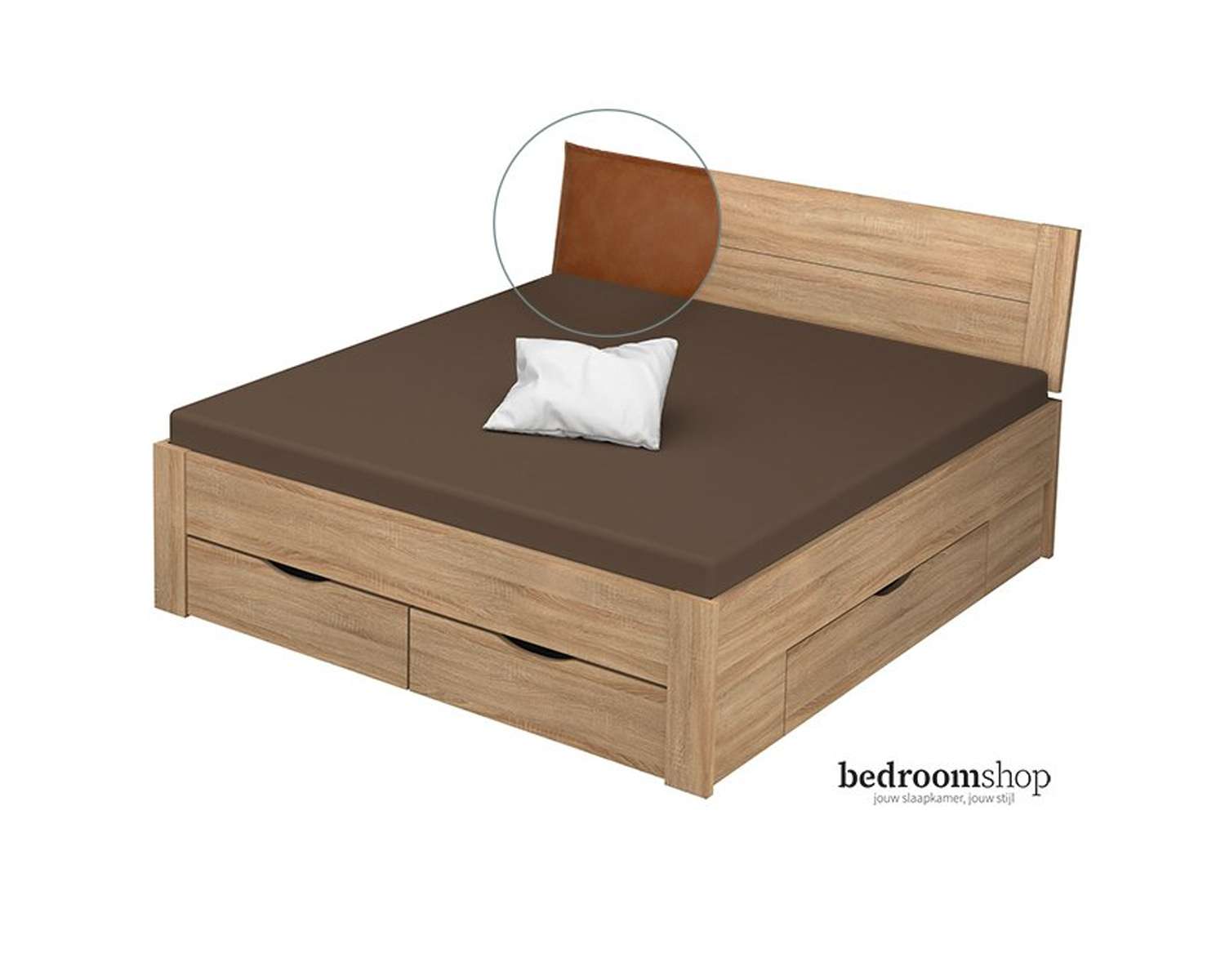 Zand eiken 180x200 met lades lederlook camel Zand eiken 180x200 met lades lederlook camel