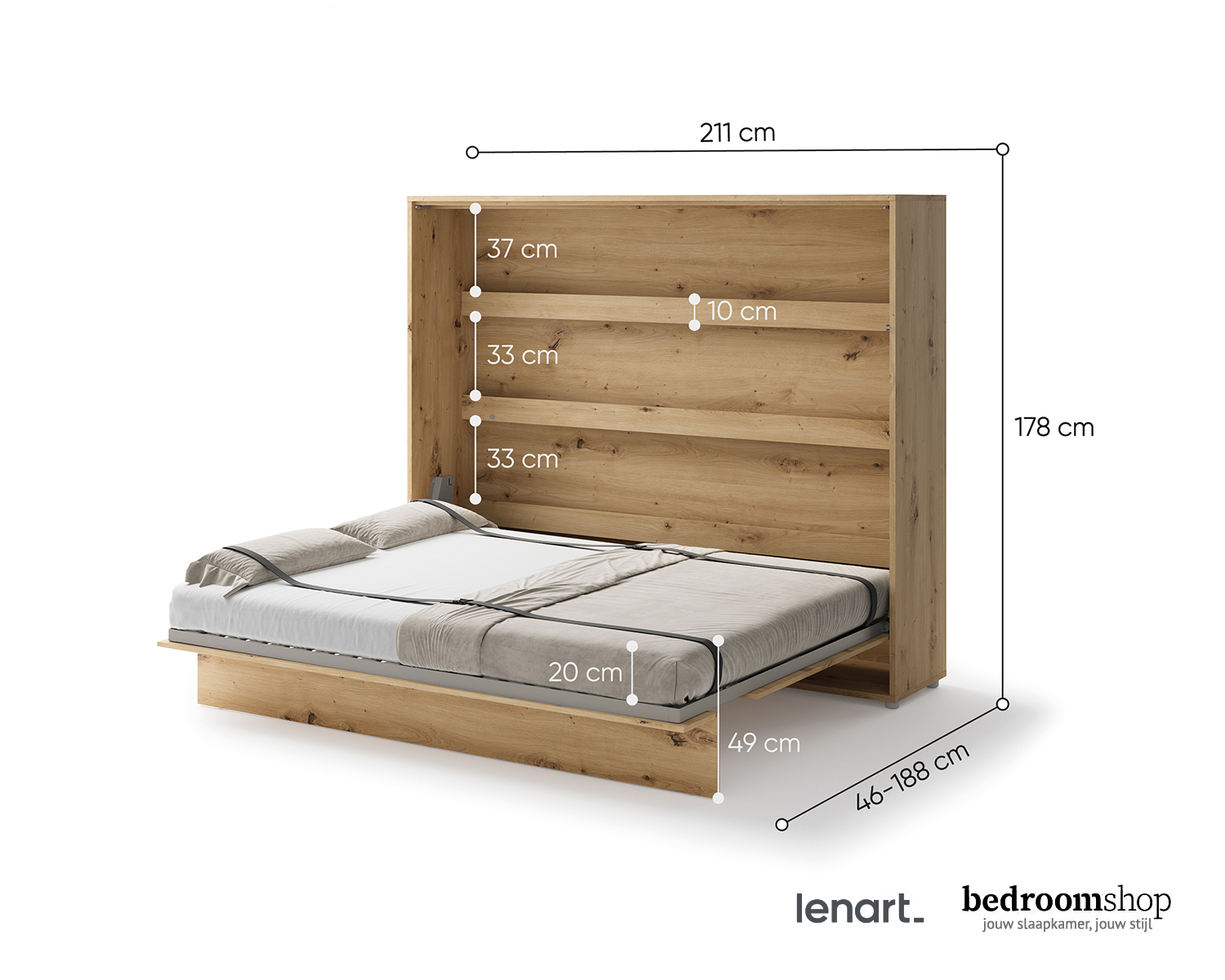 Opklapbed 160x200 afmetingen imitatie eiken Opklapbed 160x200 afmetingen imitatie eiken