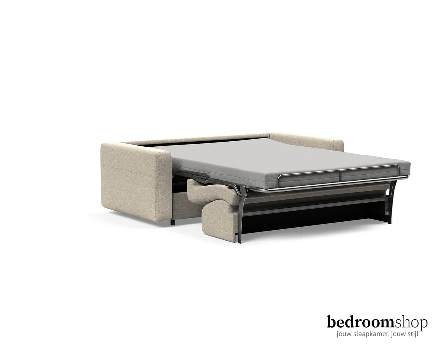 Slaapbank beige uitgeklapt