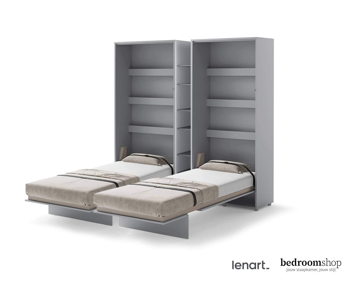 2x opklapbed grijs met boekenkast 2x opklapbed grijs met boekenkast