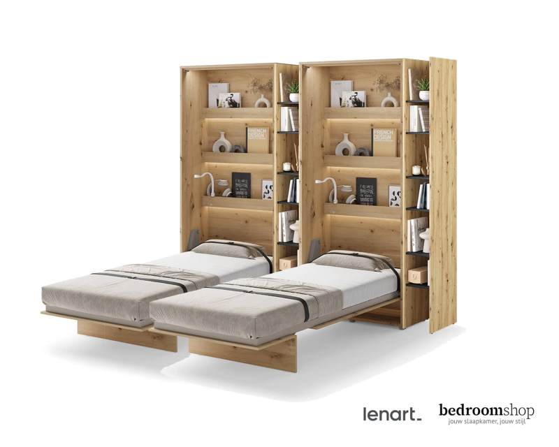 Twin opklapbed 90x200 bedden met 2x smalle boekenkast