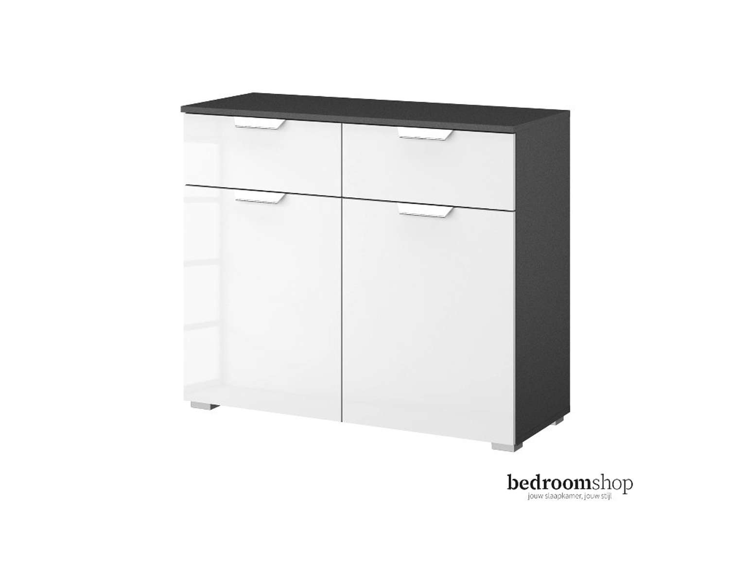 Grijze commode hoogglans met twee deuren en lades Grijze commode hoogglans met twee deuren en lades