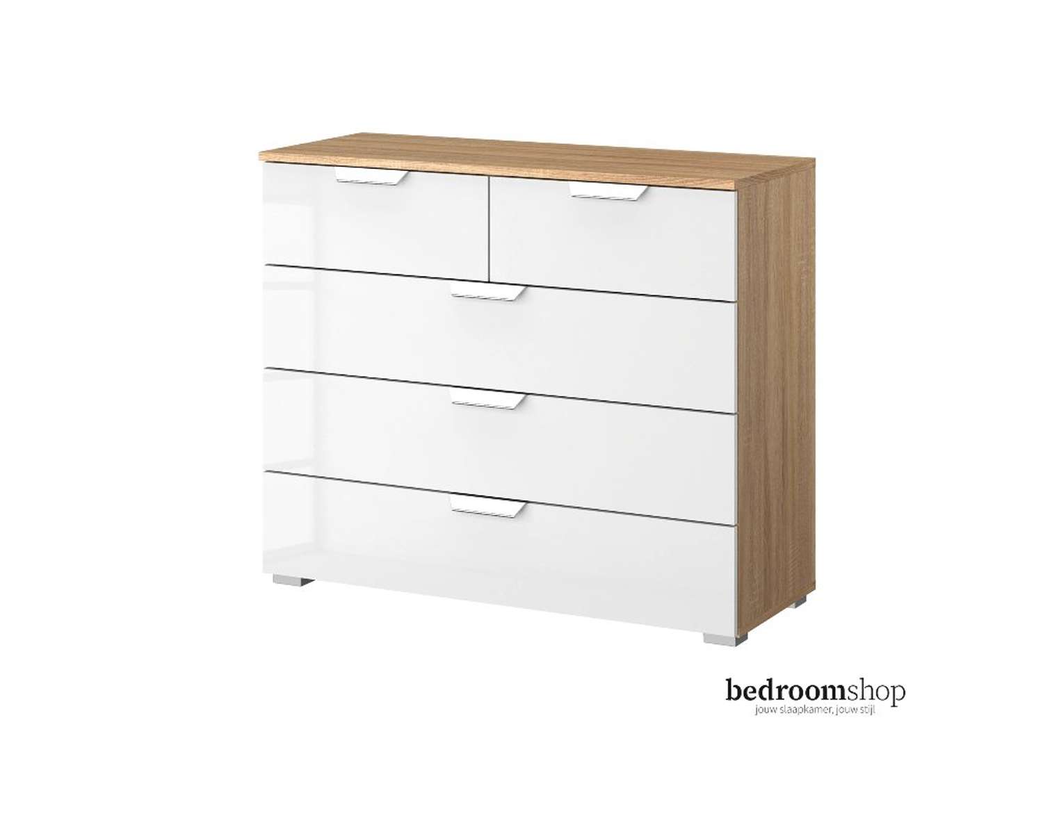 Zand eiken ladencommode hooggglans met vijf lades Zand eiken ladencommode hooggglans met vijf lades