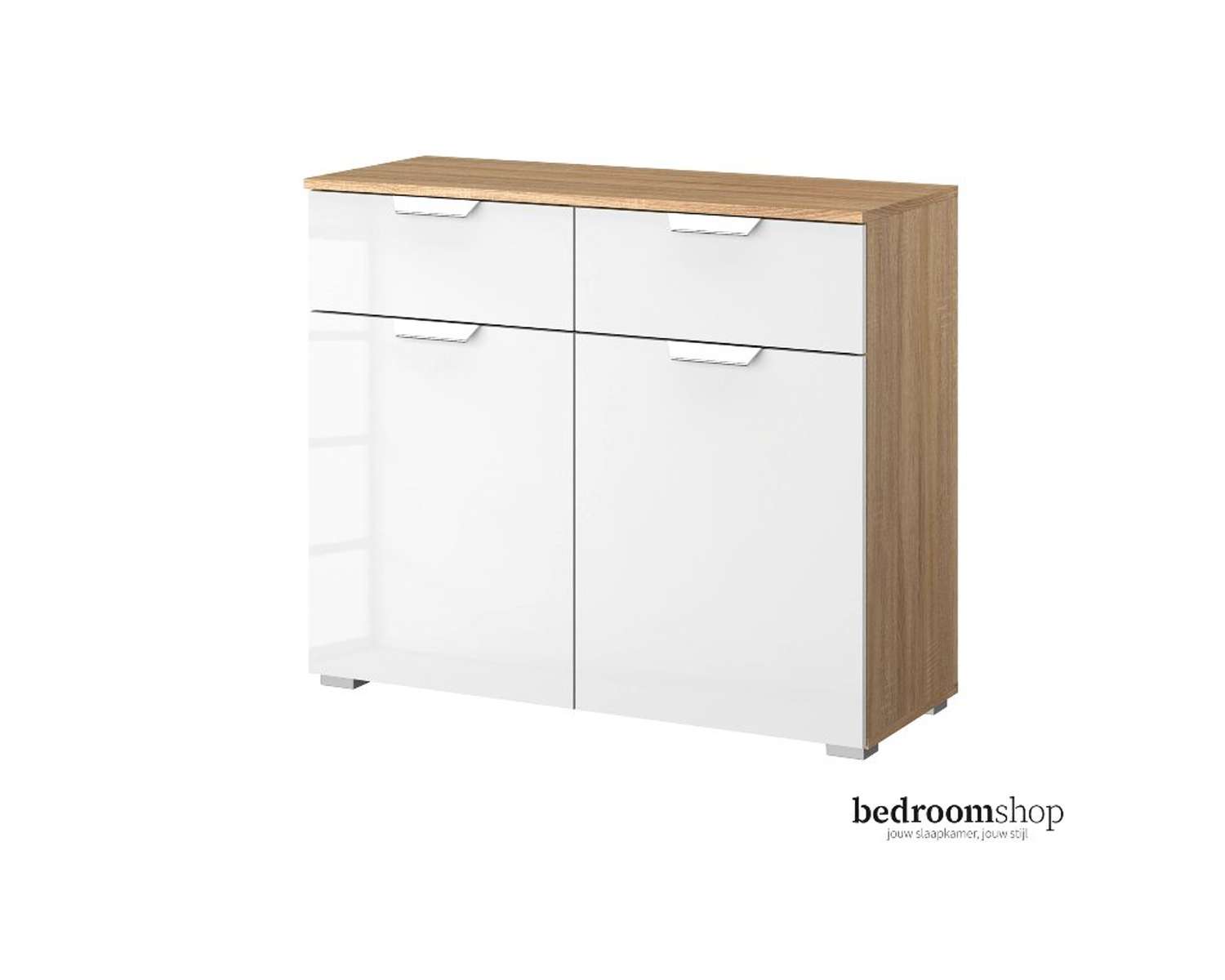 Zand eiken commode hoogglans met twee deuren en lades Zand eiken commode hoogglans met twee deuren en lades