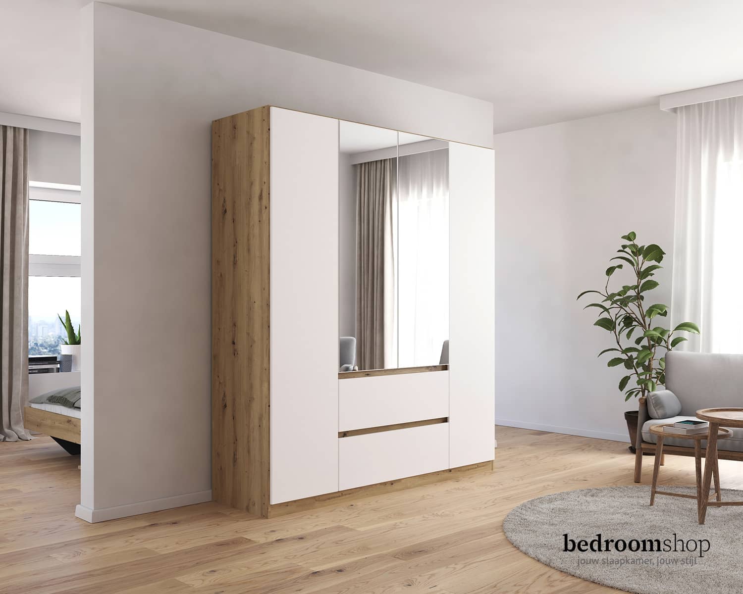 draaideurkast 4 deuren wit met houtlook en spiegels draaideurkast 4 deuren wit met houtlook en spiegels