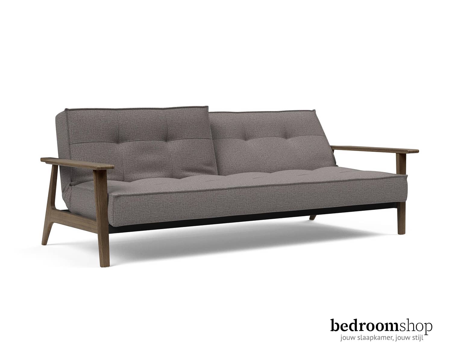 Grijze bedbank met massief houten armleuningen