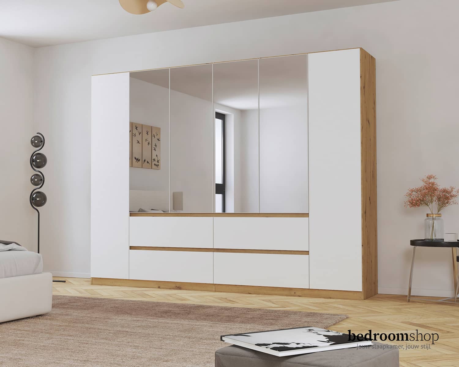 6 deurs spiegelkast met laden wit houtlook 6 deurs spiegelkast met laden wit houtlook